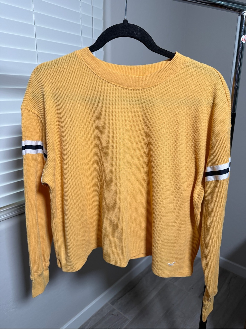 Hollister Waffle-Knit Crew Sweater in Mustard Yellow with Sleeve Stripes